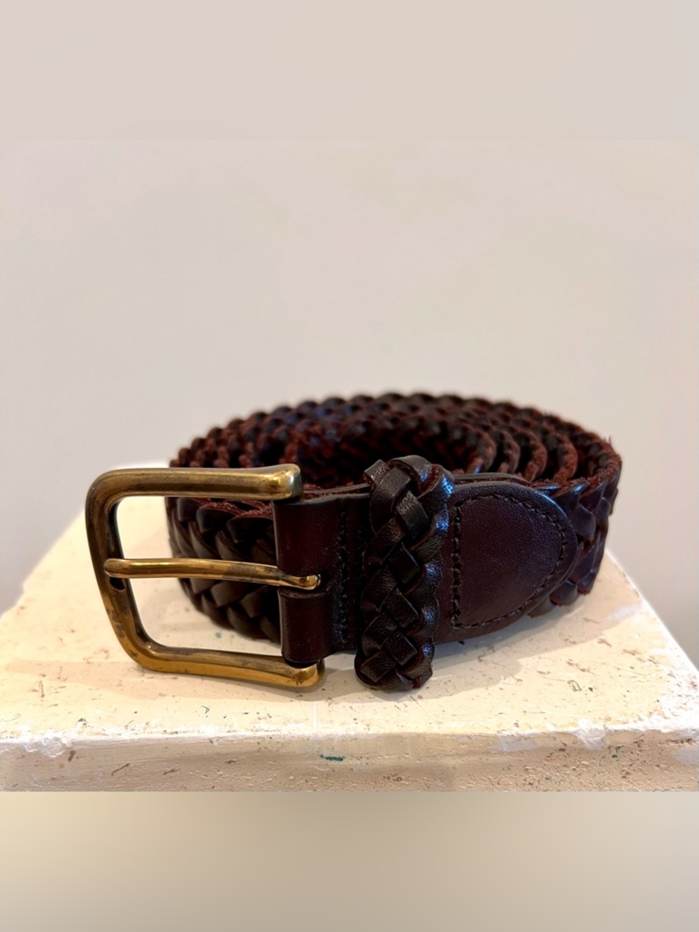 SOLD Vintage Braided Leather Belt Brown Brass Buckle